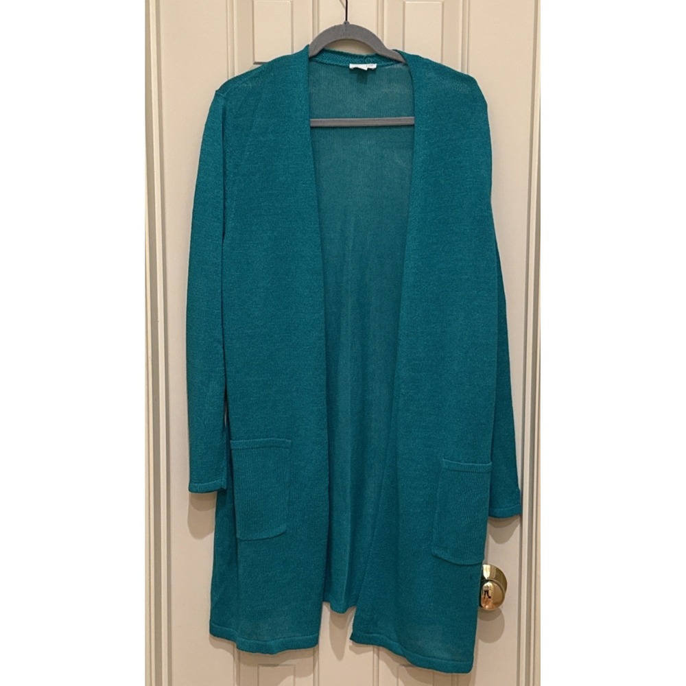 J Jill Long Cardigan Teal Green Sweater Large Open Front Linen Blend Long Duster